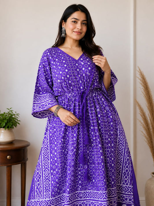 Royal Violet Hand Block Cotton Kaftan
