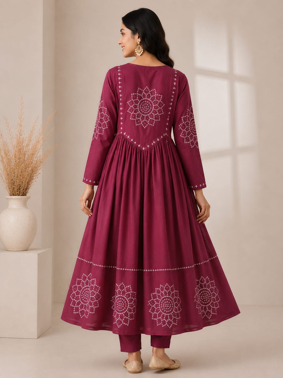 Royal Wine Mirror Bloom Cotton Anarkali Suit Set