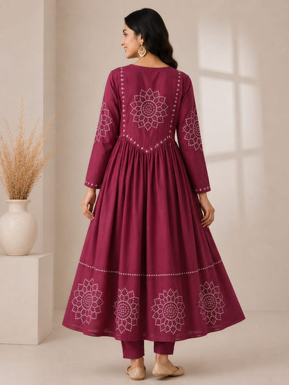 Royal Wine Mirror Bloom Cotton Anarkali Suit Set
