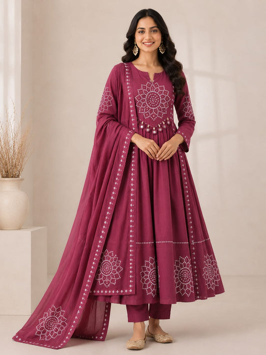 Royal Wine Mirror Bloom Cotton Anarkali Suit Set