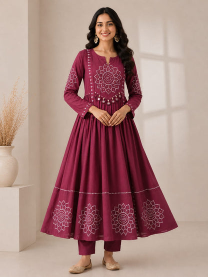 Royal Wine Mirror Bloom Cotton Anarkali Suit Set