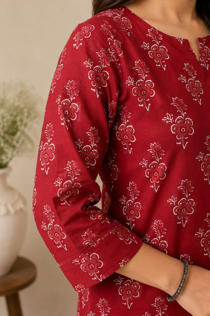 Ruby Red Floral Hand Block Printed Cotton Kurti Pant Set