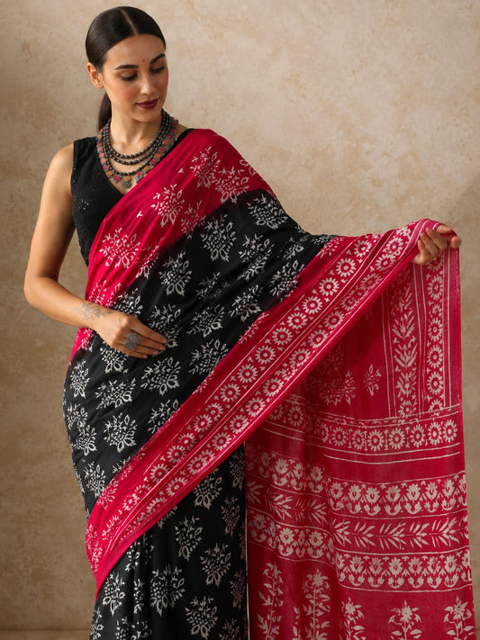 Ruby Noir Bagru Block Print Pure Mulmul Cotton Saree