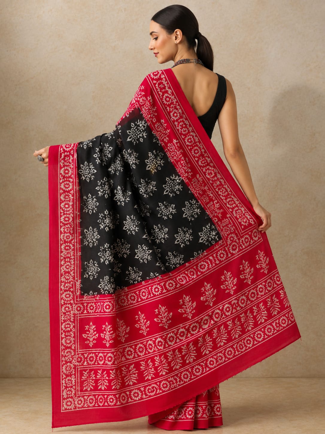 Ruby Noir Bagru Block Print Pure Mulmul Cotton Saree