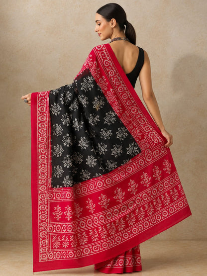 Ruby Noir Bagru Block Print Pure Mulmul Cotton Saree