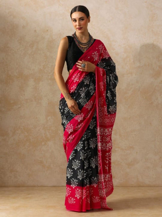 Ruby Noir Bagru Block Print Pure Mulmul Cotton Saree