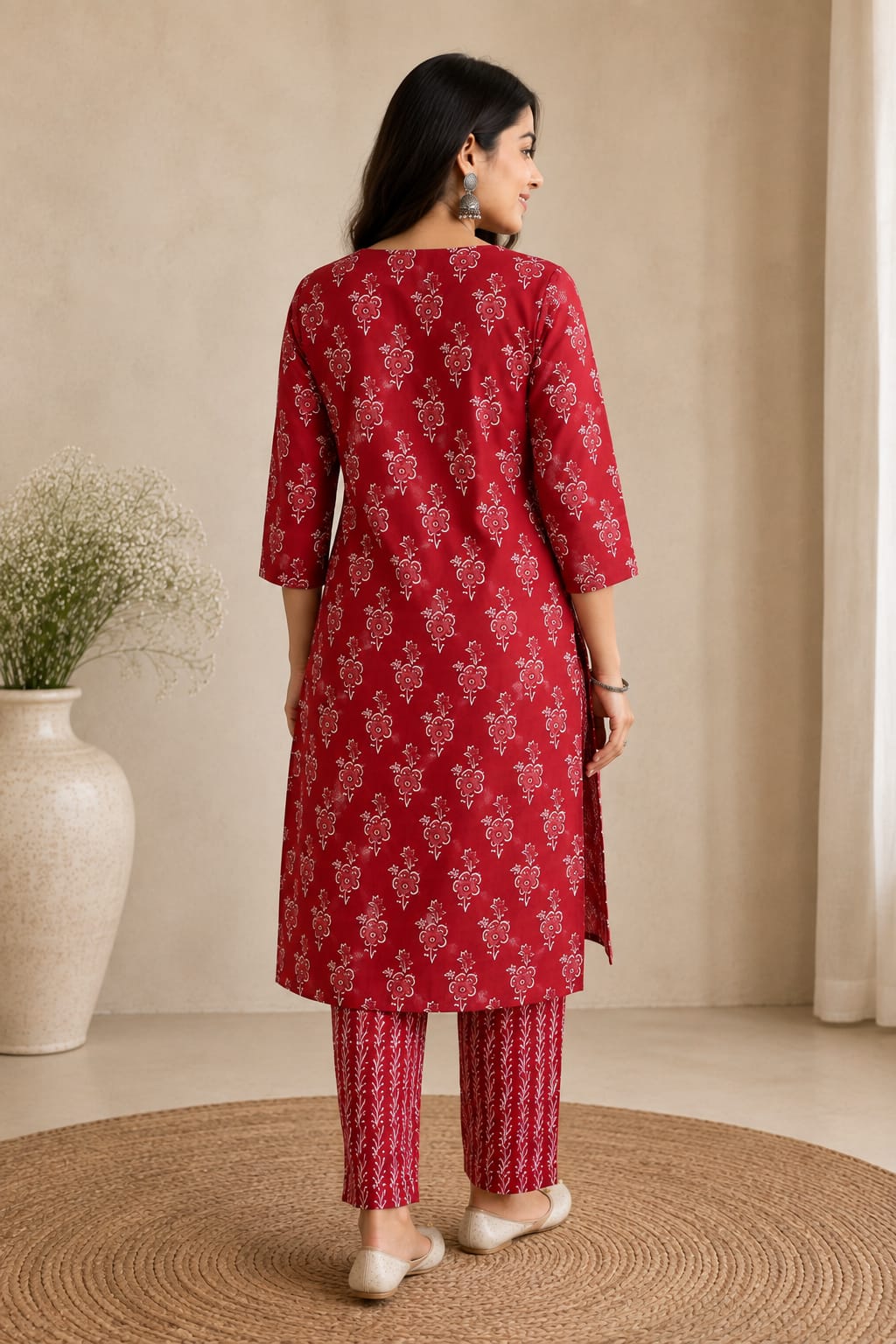 Ruby Red Floral Hand Block Printed Cotton Kurti Pant Set