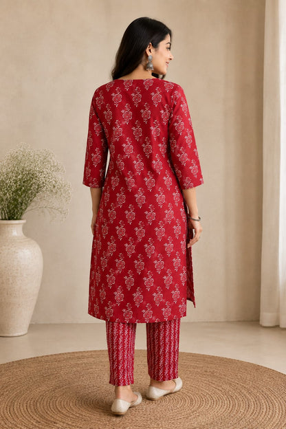 Ruby Red Floral Hand Block Printed Cotton Kurti Pant Set