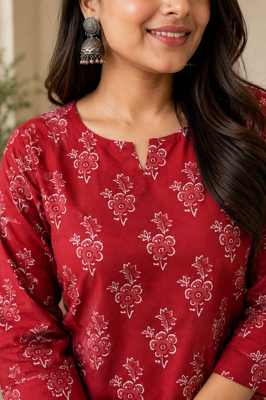 Ruby Red Floral Hand Block Printed Cotton Kurti Pant Set