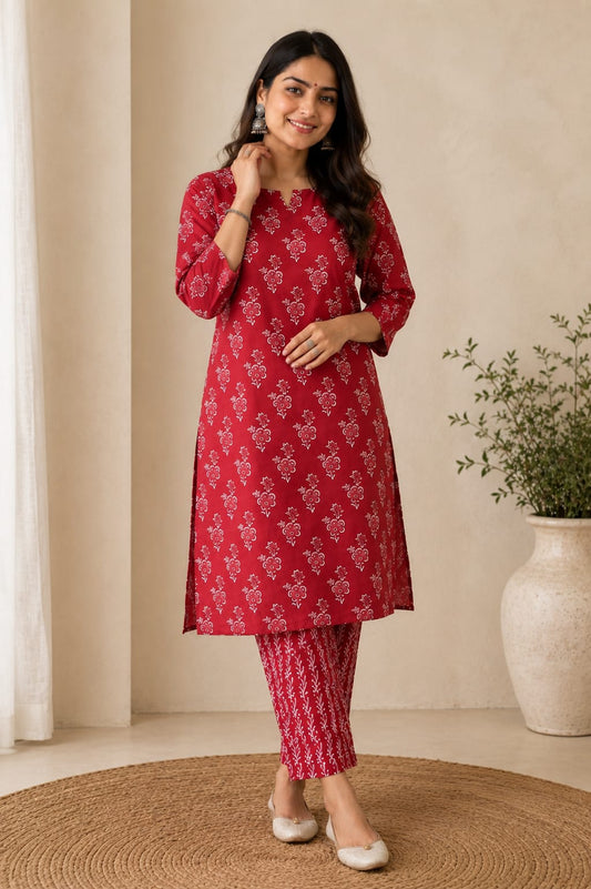 Ruby Red Floral Hand Block Printed Cotton Kurti Pant Set
