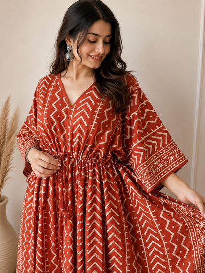 Rust Earth Hand Block Cotton Kaftan