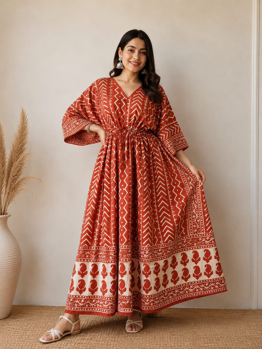 Rust Earth Hand Block Cotton Kaftan