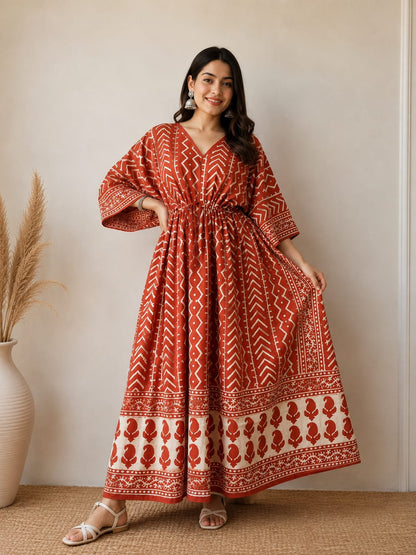 Rust Earth Hand Block Cotton Kaftan