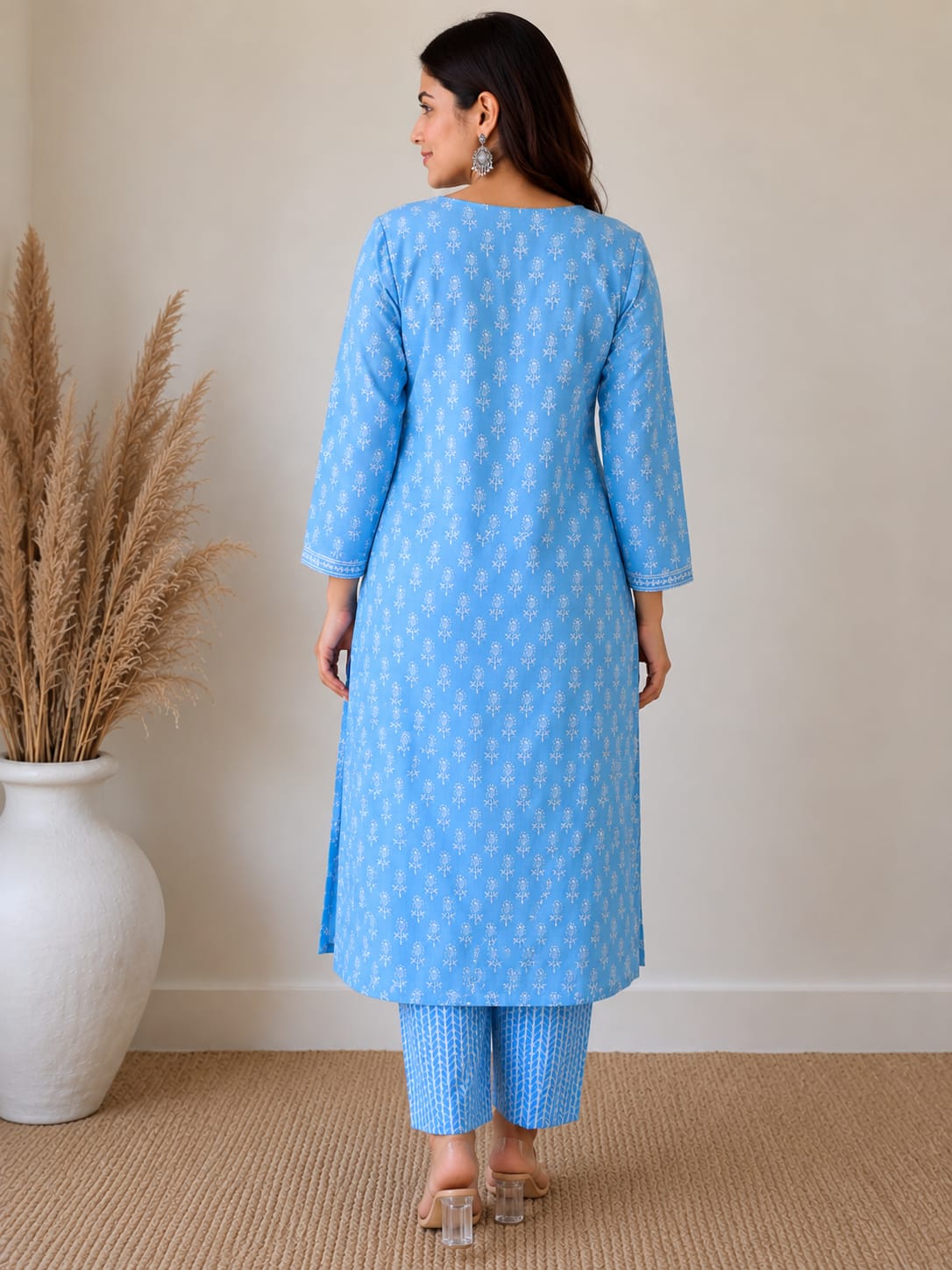 Sky Blue Embroidered Cotton Kurta Pant Set