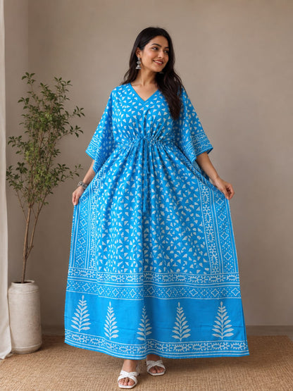Sky Blue Hand Block Cotton Kaftan