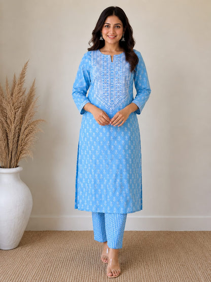 Sky Blue Embroidered Cotton Kurta Pant Set