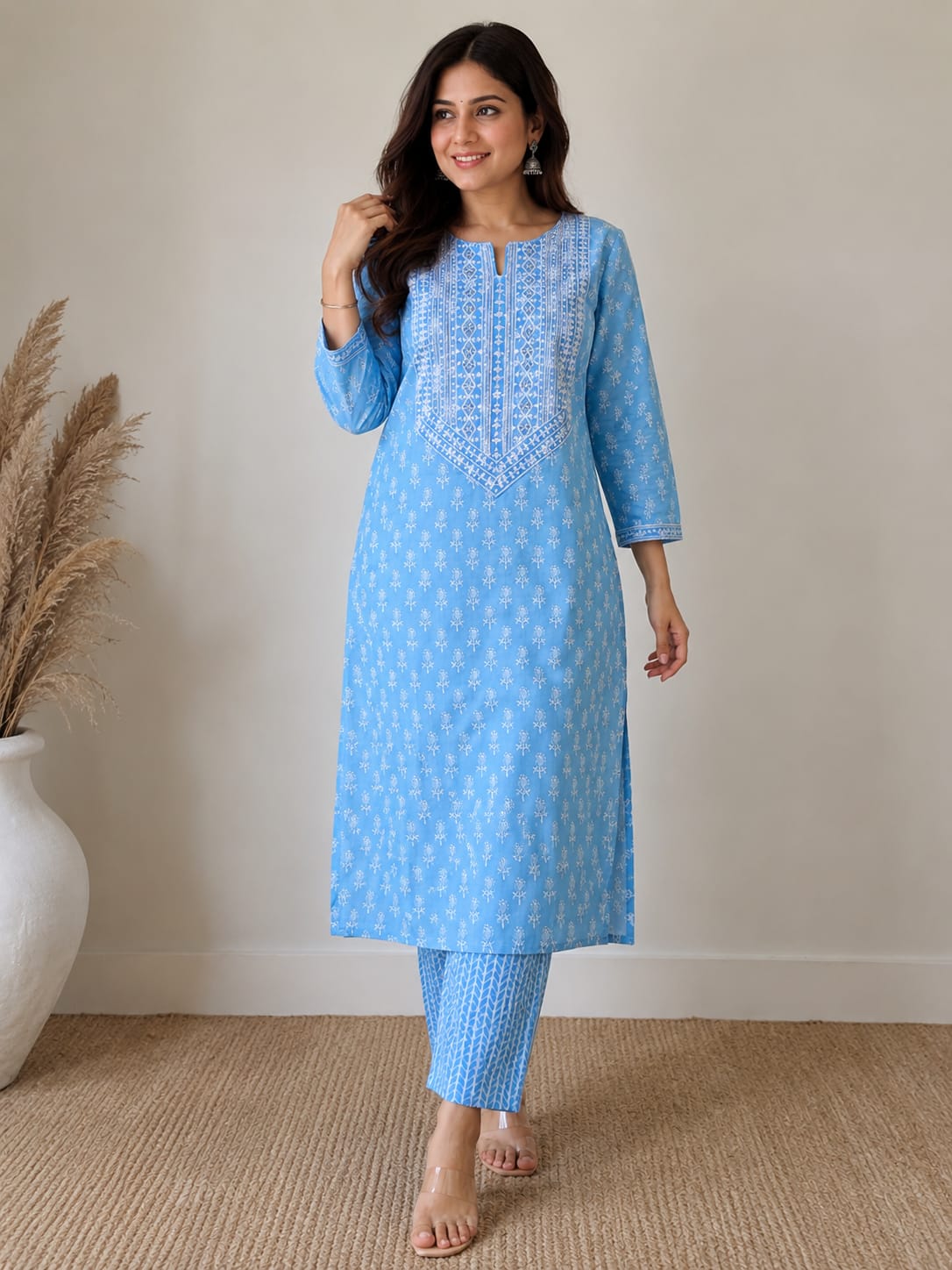 Sky Blue Embroidered Cotton Kurta Pant Set