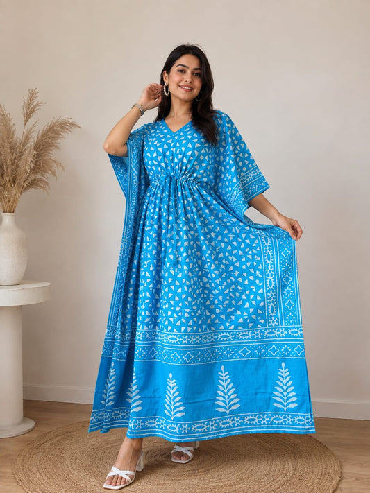 Sky Blue Hand Block Cotton Kaftan