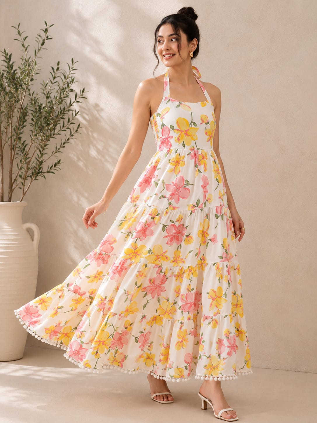 Sunlit Blossom Halter Maxi Dress