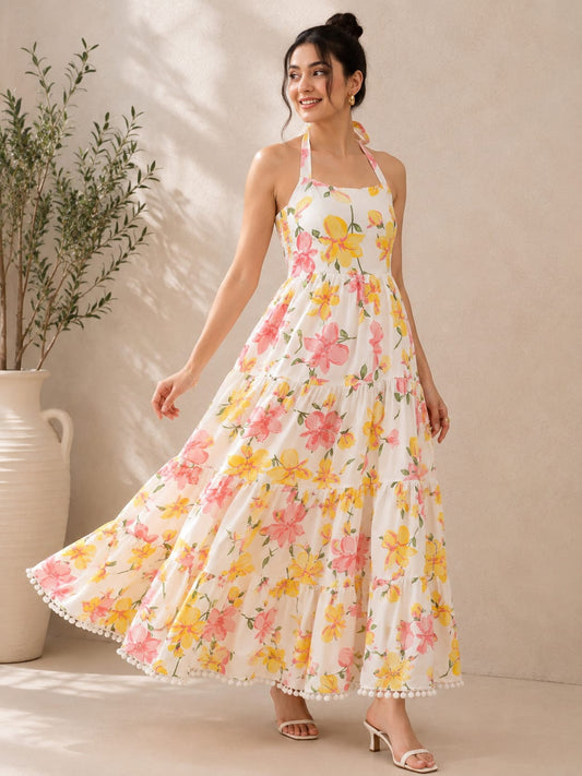 Sunlit Blossom Halter Maxi Dress