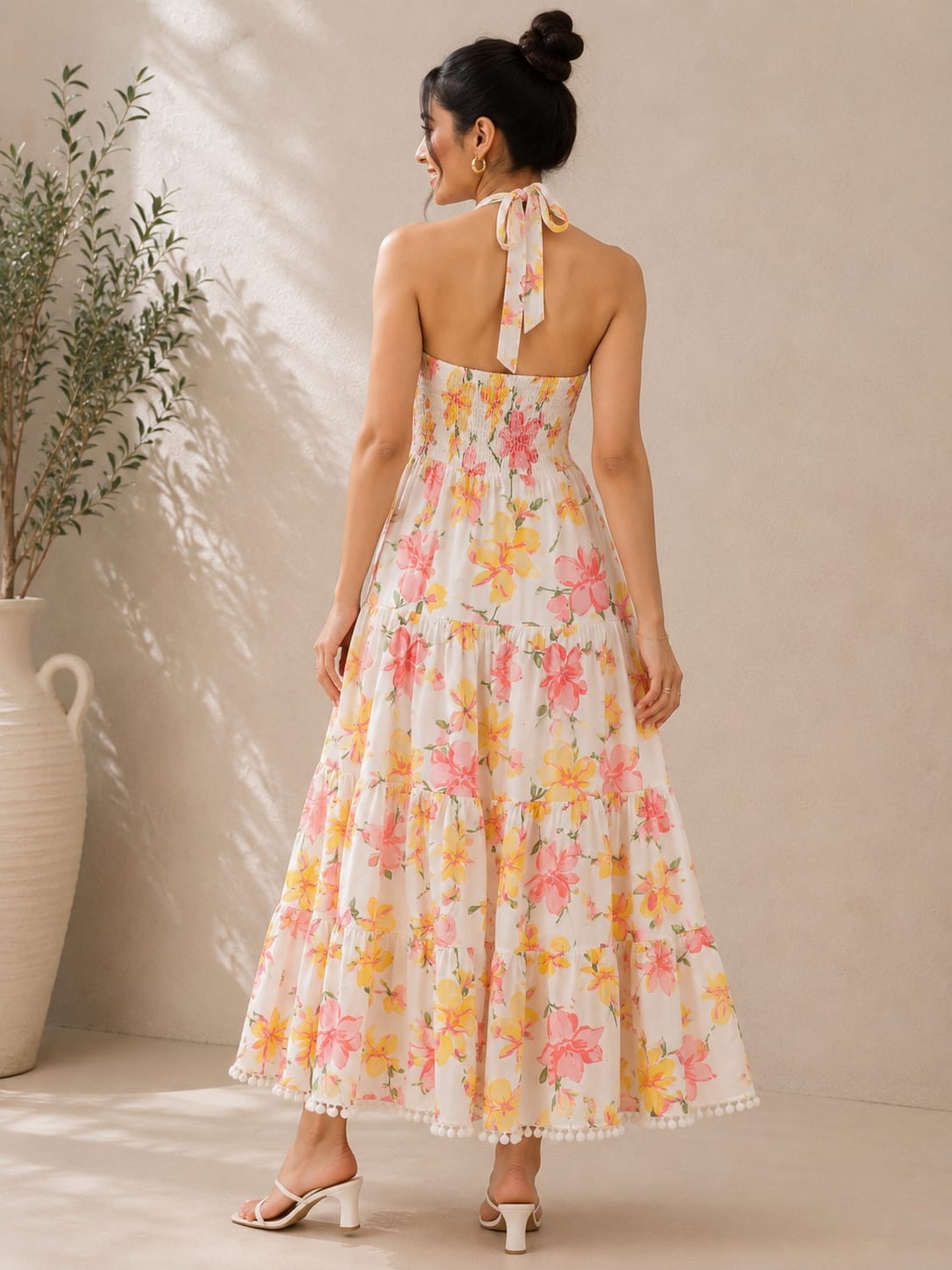 Sunlit Blossom Halter Maxi Dress