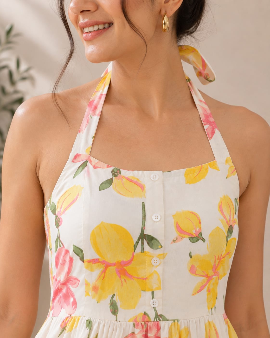 Sunlit Blossom Halter Maxi Dress