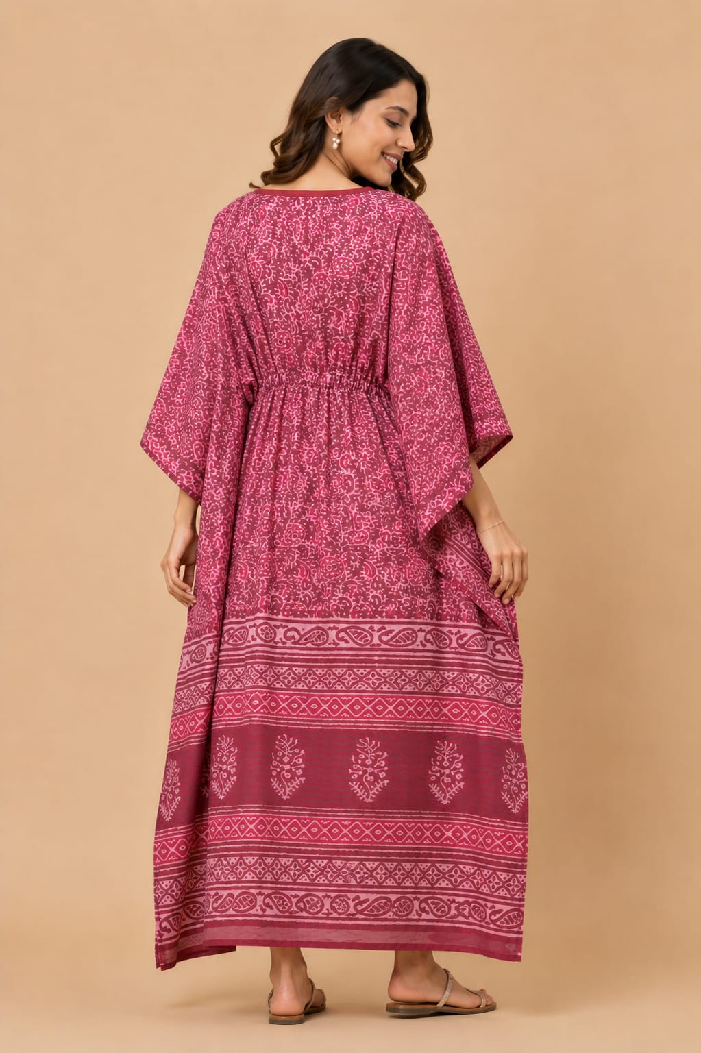 Wine Floral Print Cotton Kaftan