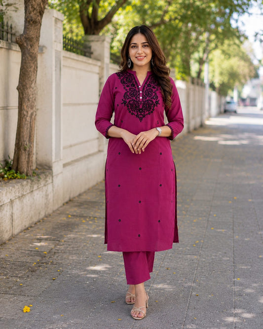 Wine Meher Embroidered Cotton Kurta Pant Set
