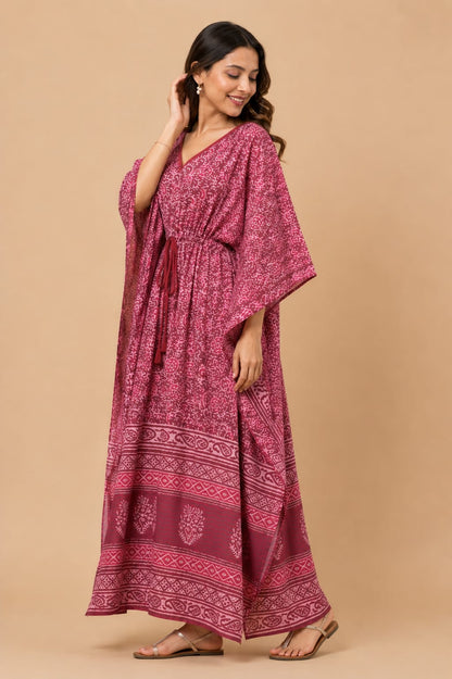 Wine Floral Print Cotton Kaftan