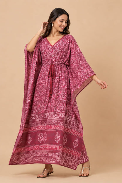 Wine Floral Print Cotton Kaftan