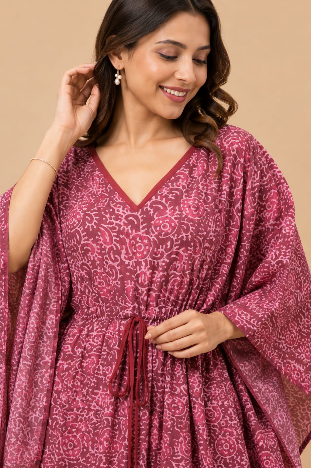Wine Floral Print Cotton Kaftan