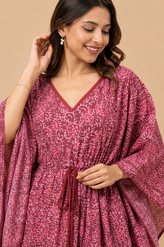 Wine Floral Print Cotton Kaftan