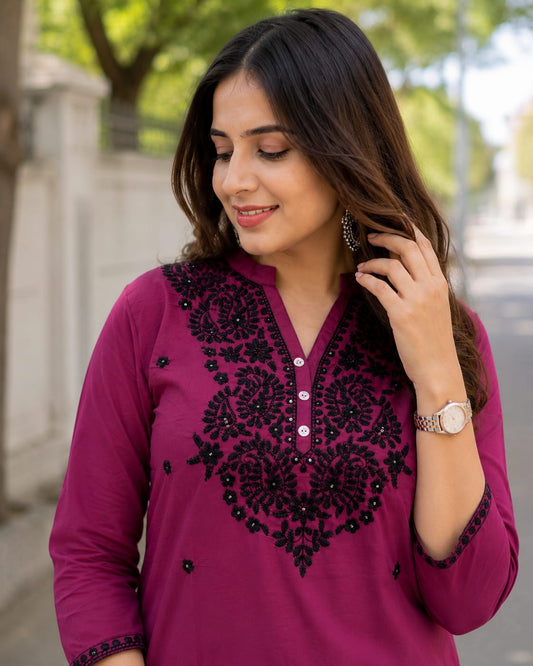 Wine Meher Embroidered Cotton Kurta Pant Set